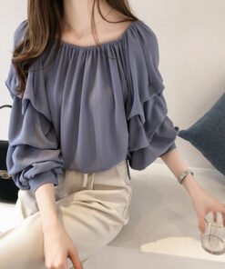 Alternative view of Korean version of one-shoulder off-shoulder loose chiffon shirt scheming | 1032