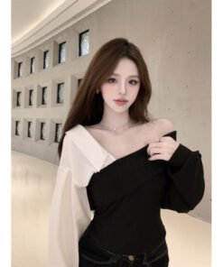 Korean pure desire style oblique collar splicing shirt sleeves slim fit | 1071 - Image 3