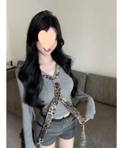 French pure leopard print tie stitching short long-sleeved top | 1064 - Image 3