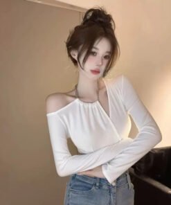 Design sense off-shoulder short tight white t-shirt | 1073