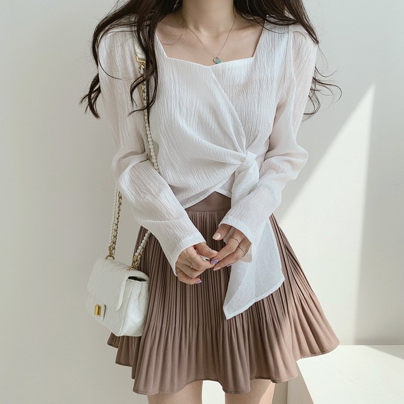 Korean square collar shirt bubble long sleeve straps slim temperament shirt women | 1031 - Image 7