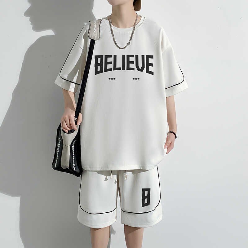 Summer Plus Size Suit Hong Kong Style Vintage Short Sleeve T-Shirt Shorts Casual Sportswear Men's Loose Two-Piece Suit | 1014 - Image 5