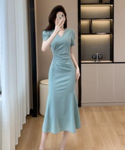 High Sense V-neck Puff Sleeve Slimming Fishtail Skirt | 1002 - Image 4
