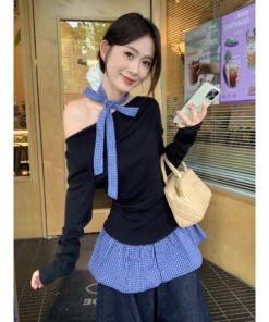 two-piece off-shoulder plaid splicing long-sleeved T-shirt | 1076 - Image 6