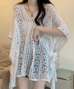 Alternative view of hollow lace V-neck knitted top lazy foreign style medium-length bat sleeve blouse | 1029