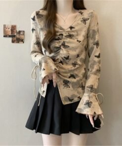 Big size fat MM autumn and winter irregular long-sleeved slim T-shirt sweet spicy style butterfly print V-neck top beautiful small shirt | 1010 - Image 12