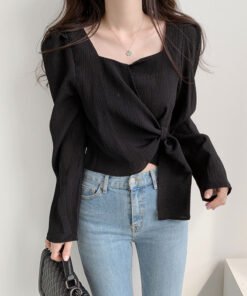 Korean square collar shirt bubble long sleeve straps slim temperament shirt women | 1031 - Image 14