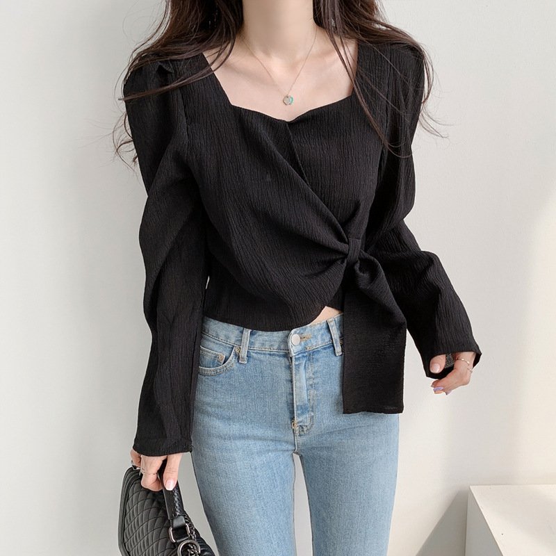 Korean square collar shirt bubble long sleeve straps slim temperament shirt women | 1031 - Image 15