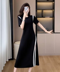 Alternative view of Mid-length skirt Summer daily commuting temperament women's round neck slit waist dress | 1004