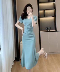 High Sense V-neck Puff Sleeve Slimming Fishtail Skirt | 1002 - Image 3