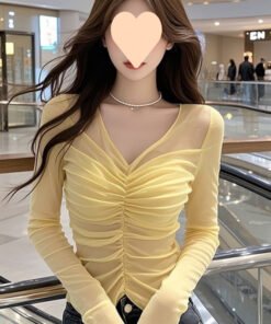 Sweet and Spicy Style Pleated V-neck Mesh Long Sleeve | 1067 - Image 4