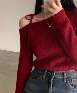 Red one-shoulder tie-knit sweater for women autumn 1066 - Image 3
