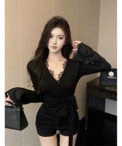 black sexy v-neck lace splicing strap top for women | 1069 - Image 6