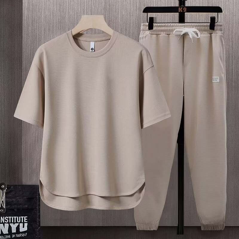 solid color men's T-shirt Japanese trend ins short-sleeved trousers two-piece suit | 1023 - Image 8