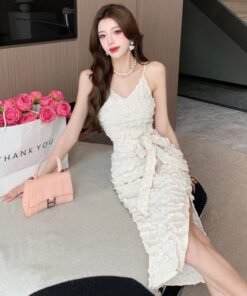 Alternative view of Real shot of the new textured V-neck sexy backless slit mid-length suspender dress with waist tie dress | 1007