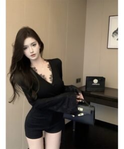 black sexy v-neck lace splicing strap top for women | 1069 - Image 4