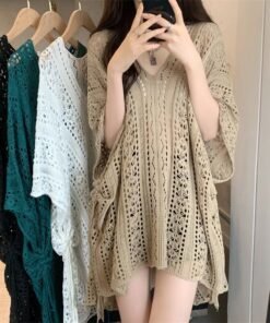 hollow lace V-neck knitted top lazy foreign style medium-length bat sleeve blouse | 1029 - Image 6
