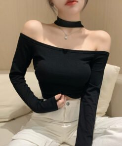 Real Shot Spring 2020 T Shirt New Slim Fit Slimming off-Shoulder Shoulder-Baring Hot Girl Top Short Bottoming Shirt | 1011 - Image 9