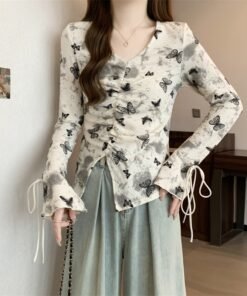 Big size fat MM autumn and winter irregular long-sleeved slim T-shirt sweet spicy style butterfly print V-neck top beautiful small shirt | 1010
