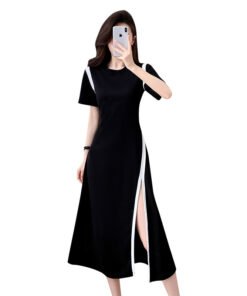 Mid-length skirt Summer daily commuting temperament women's round neck slit waist dress | 1004 - Image 5