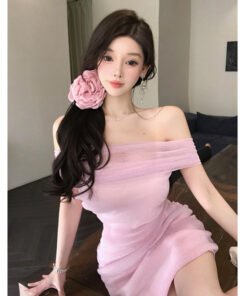 Pure desire hot girl sexy pink one shoulder hip short skirt female niche  dress | 1027 - Image 8