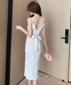 Real shot of the new textured V-neck sexy backless slit mid-length suspender dress with waist tie dress | 1007 - Image 4