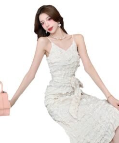 Real shot of the new textured V-neck sexy backless slit mid-length suspender dress with waist tie dress | 1007 - Image 5