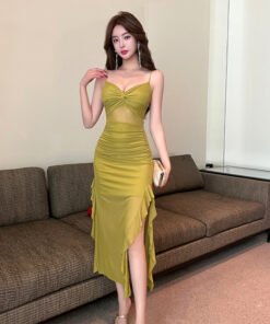 long mesh suspender dress low-cut slit long skirt | 1012 - Image 9