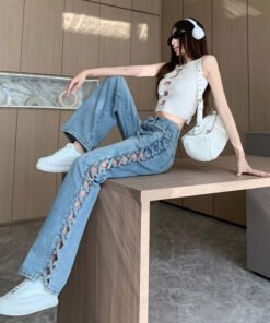 side woven hollow wide-leg jeans women | 1079 - Image 3