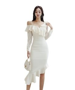 sexy one-shoulder thin strap off-shoulder long-sleeved ruffled asymmetric hip dress | 1026 - Image 5