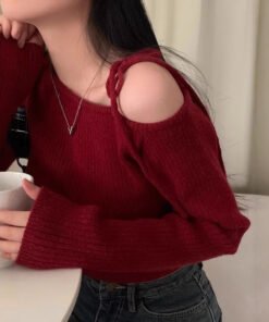 Red one-shoulder tie-knit sweater for women autumn 1066