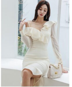sexy one-shoulder thin strap off-shoulder long-sleeved ruffled asymmetric hip dress | 1026 - Image 4