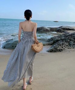 French style off-shoulder pleated slim high waist A-line dress | 1059 - Image 4