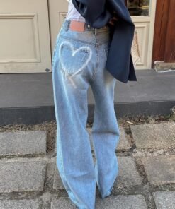 Love Heart Print Design Distressed Drape Wide Leg Washed Jeans | 1081 - Image 6