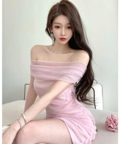 Pure desire hot girl sexy pink one shoulder hip short skirt female niche  dress | 1027 - Image 4