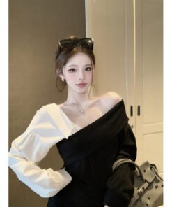 Korean pure desire style oblique collar splicing shirt sleeves slim fit | 1071 - Image 4