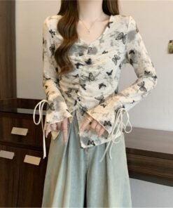 Big size fat MM autumn and winter irregular long-sleeved slim T-shirt sweet spicy style butterfly print V-neck top beautiful small shirt | 1010 - Image 7