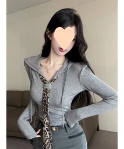 French pure leopard print tie stitching short long-sleeved top | 1064