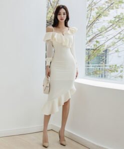 Alternative view of sexy one-shoulder thin strap off-shoulder long-sleeved ruffled asymmetric hip dress | 1026