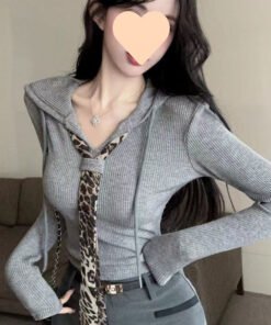 French pure leopard print tie stitching short long-sleeved top | 1064 - Image 6