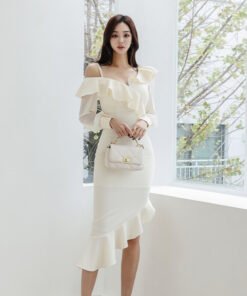 sexy one-shoulder thin strap off-shoulder long-sleeved ruffled asymmetric hip dress | 1026 - Image 6