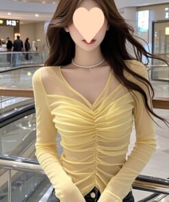 Sweet and Spicy Style Pleated V-neck Mesh Long Sleeve | 1067 - Image 8