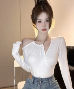Design sense off-shoulder short tight white t-shirt | 1073 - Image 7