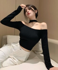 Real Shot Spring 2020 T Shirt New Slim Fit Slimming off-Shoulder Shoulder-Baring Hot Girl Top Short Bottoming Shirt | 1011 - Image 3