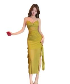 long mesh suspender dress low-cut slit long skirt | 1012 - Image 5