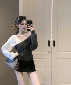 Korean pure desire style oblique collar splicing shirt sleeves slim fit | 1071 - Image 5