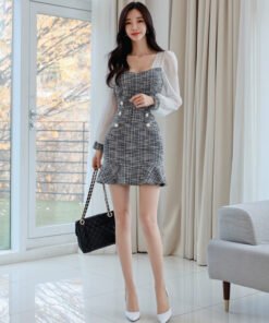 Korean spring new style stitching contrast color square neck long sleeve dress | 1060 - Image 3
