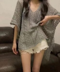 hollow lace V-neck knitted top lazy foreign style medium-length bat sleeve blouse | 1029 - Image 13