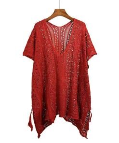 hollow lace V-neck knitted top lazy foreign style medium-length bat sleeve blouse | 1029 - Image 5