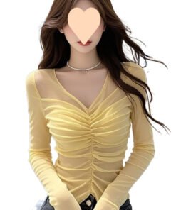Sweet and Spicy Style Pleated V-neck Mesh Long Sleeve | 1067 - Image 5